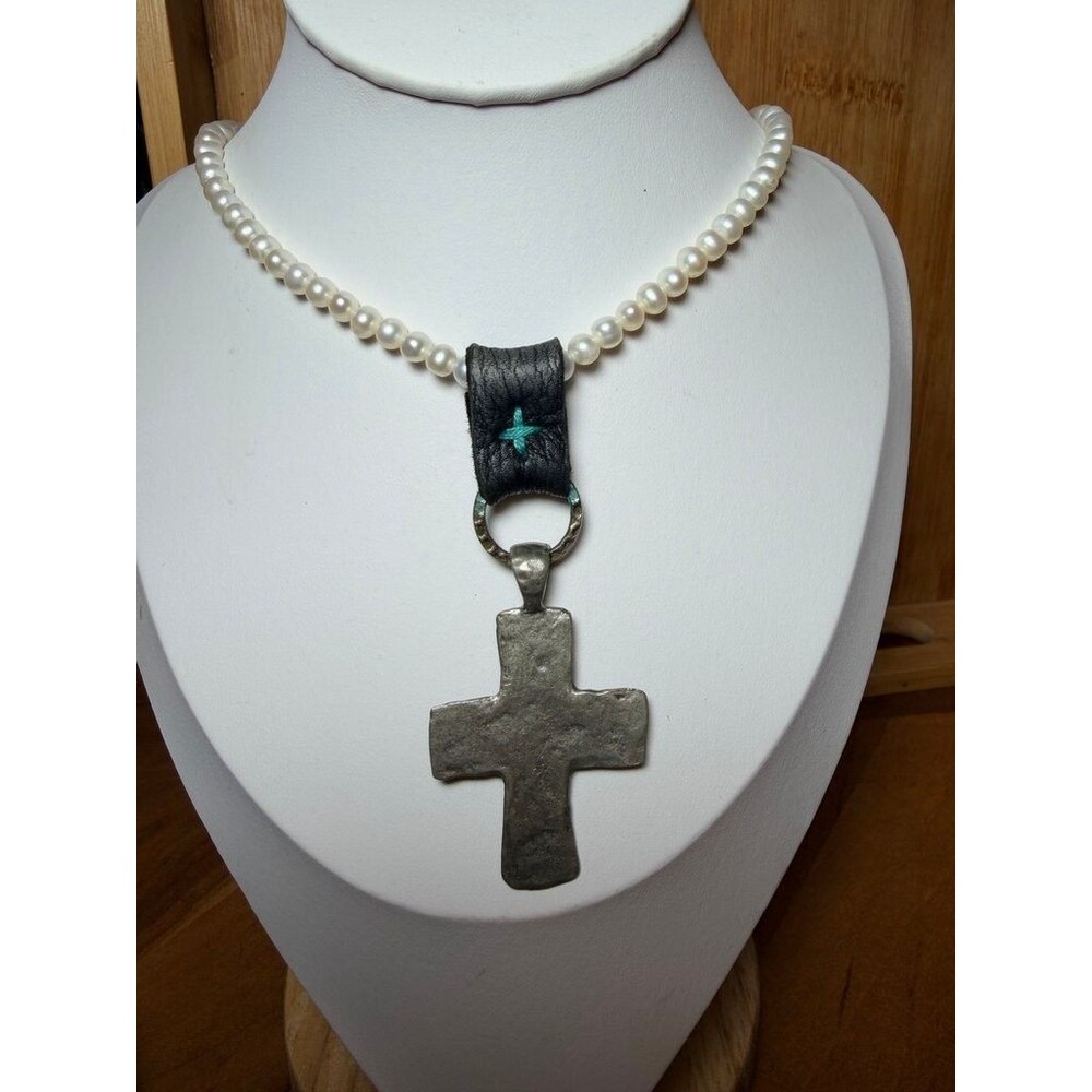 Handmade Pearl Bead Necklace with Rustic Metal Cross Pendant and Leather A